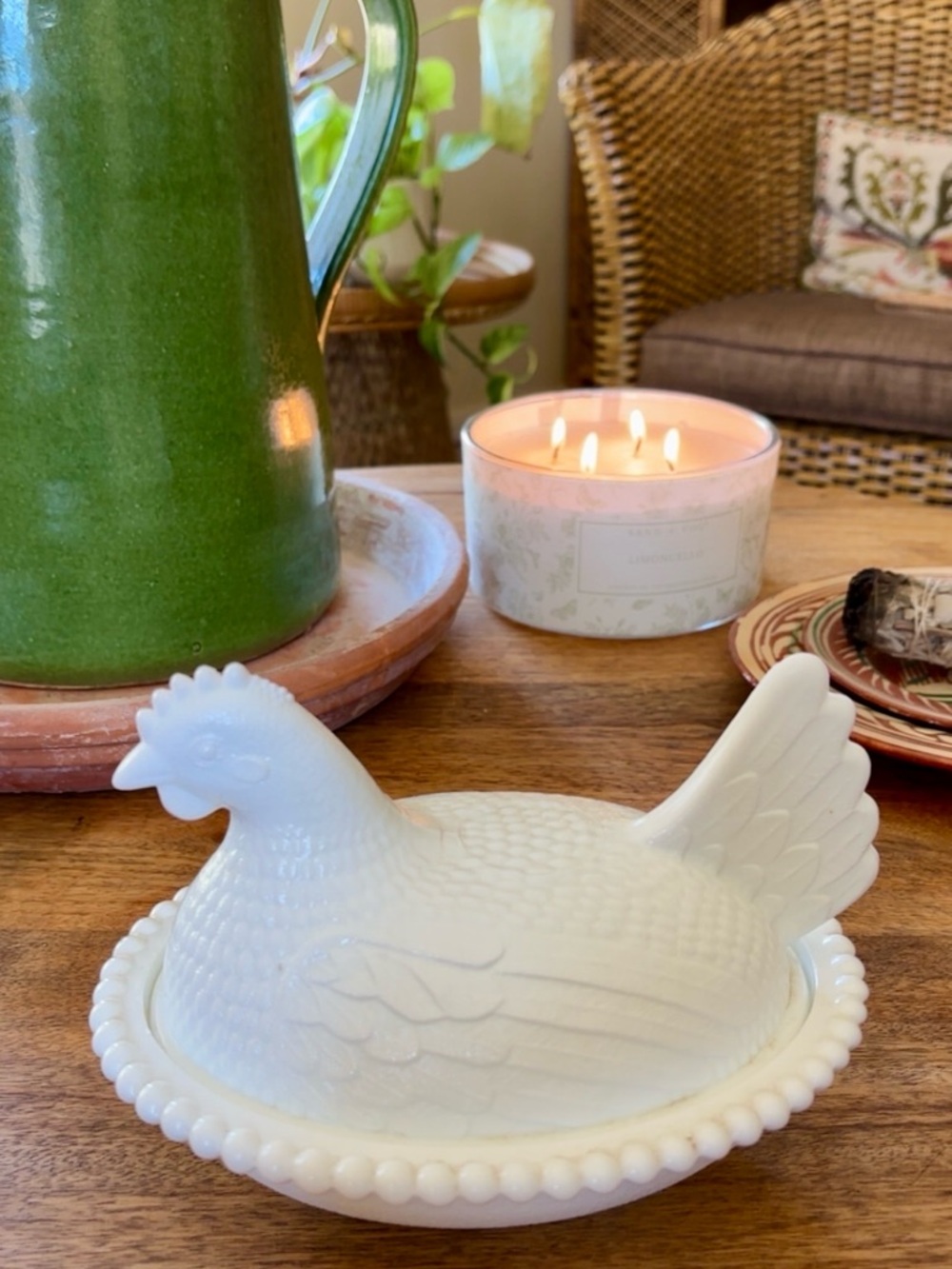White Milk Glass Hen on Nest Dish - Beaded Edge